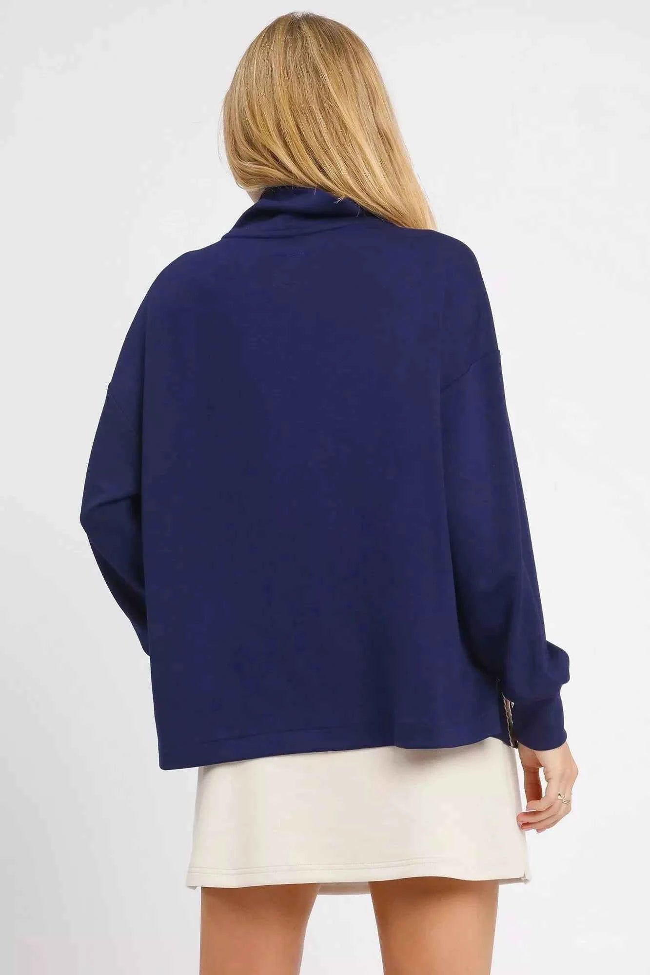 Umgee Turtle Neck Dolman Sleeve Side Slit Sweater with Contrast Detail