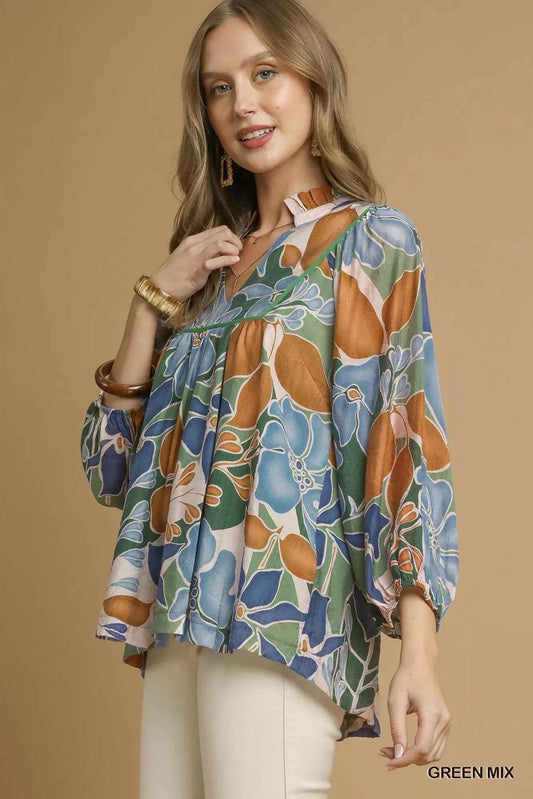 Umgee Multicolor Abstract Floral Print Blouse with Ruffle Neck