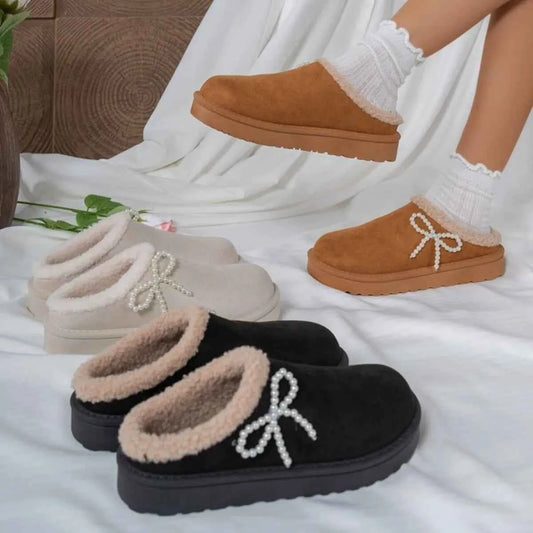 Pearl Bow Round Toe Slippers