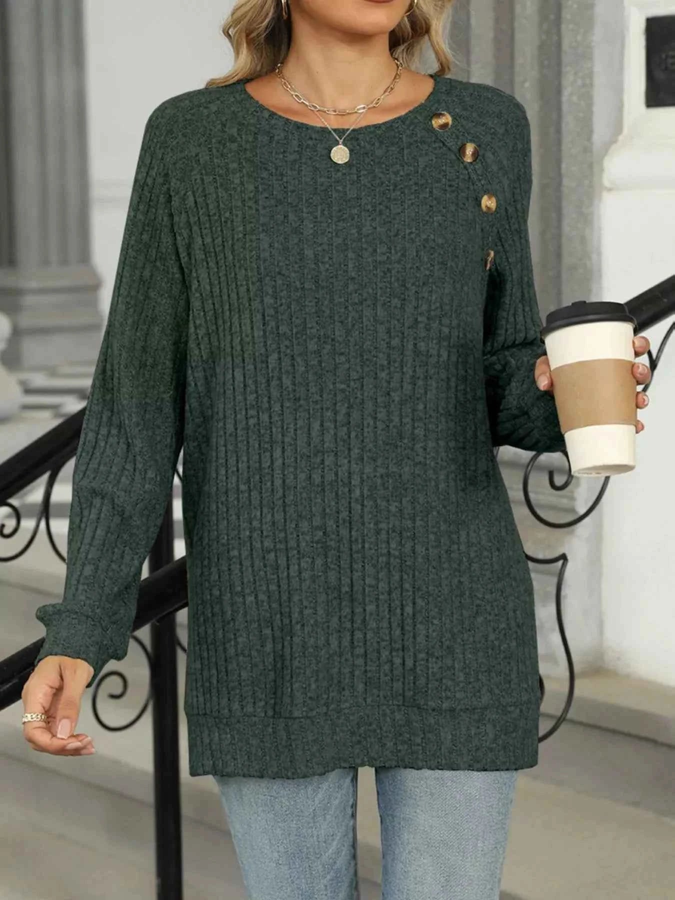 Round Neck Side Slit Ribbed Knit Top with Asymmetric Button Detail