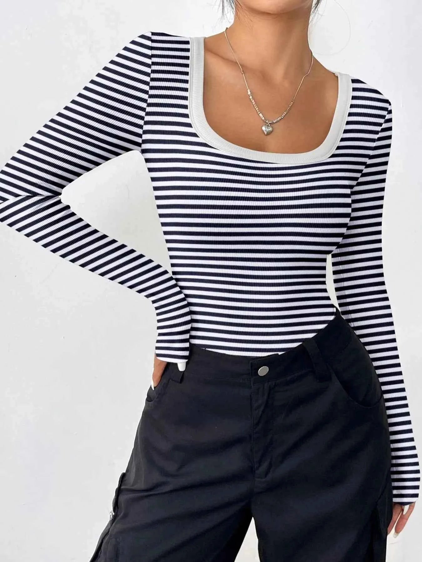 Striped Long Sleeve Scoop Neck T-Shirt