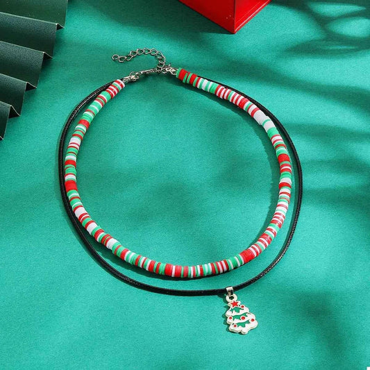 Colorful Double Layered Necklace with Christmas Tree Pendant