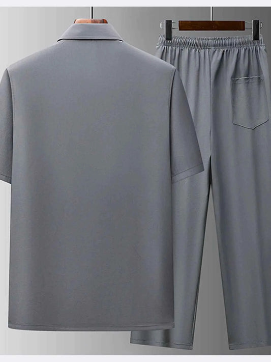 Men's Full Size Button Up Short Sleeve Top and Pants Set Plus Size