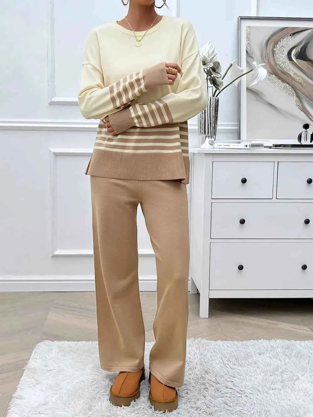 Devine Slit Striped Round Neck Top and Pants Sweater Set