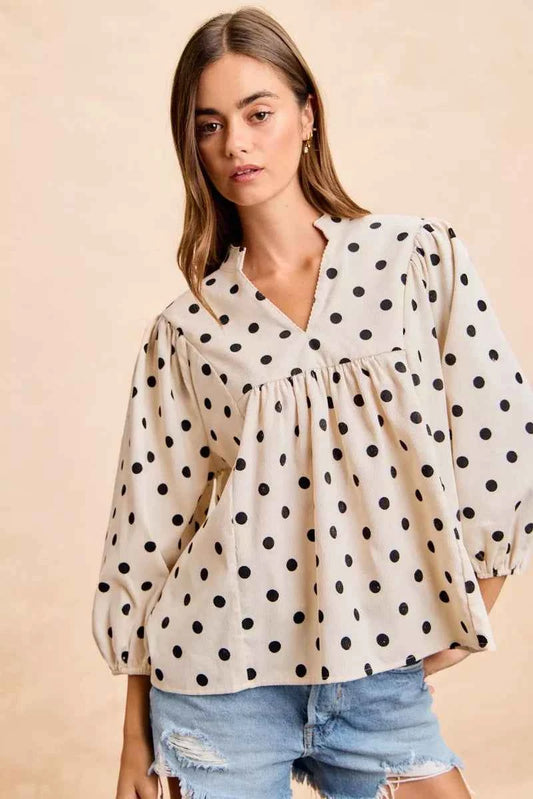 BiBi Polka Dot Corduroy Quarter Sleeves V Neck Blouse