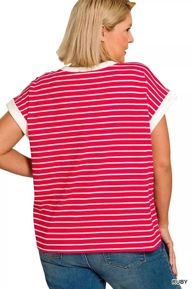 Zenana Full Size Contrast Trim Cap Sleeve Stripe Tee Plus Size