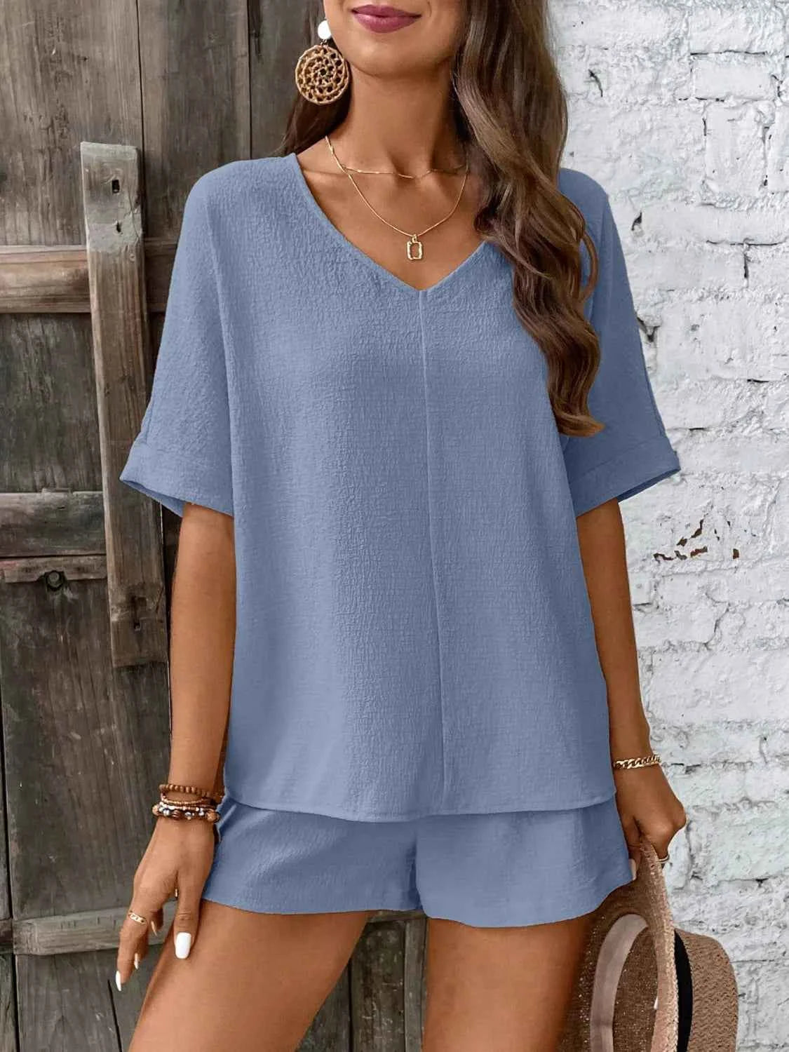 V-Neck Half Sleeve Top and Shorts Set