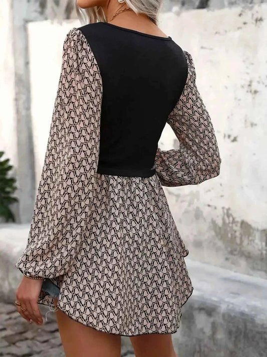 Printed V-Neck Long Sleeve Dress