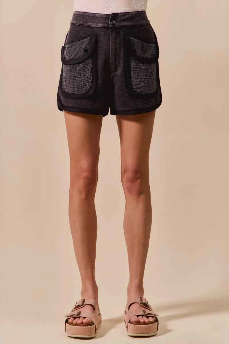 SO ME Mineral Washed Terry High Rise Cargo Shorts