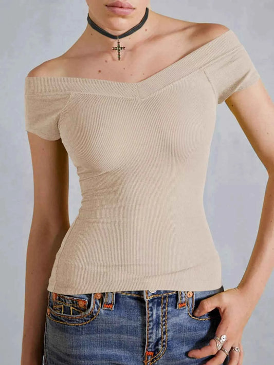 Ribbed V-Neck Cap Sleeve Fitted T-Shirt