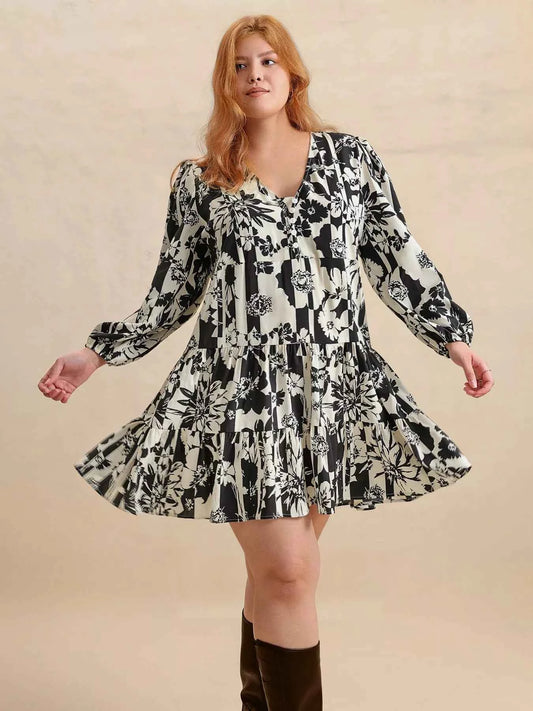 Plus Size Printed V-Neck Long Sleeve Mini Dress