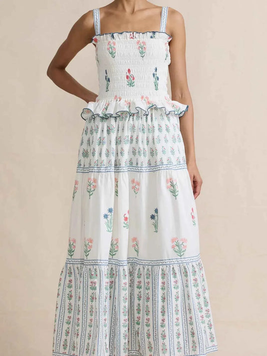 Bohemian Floral Print Smocked Tiered Maxi Dress