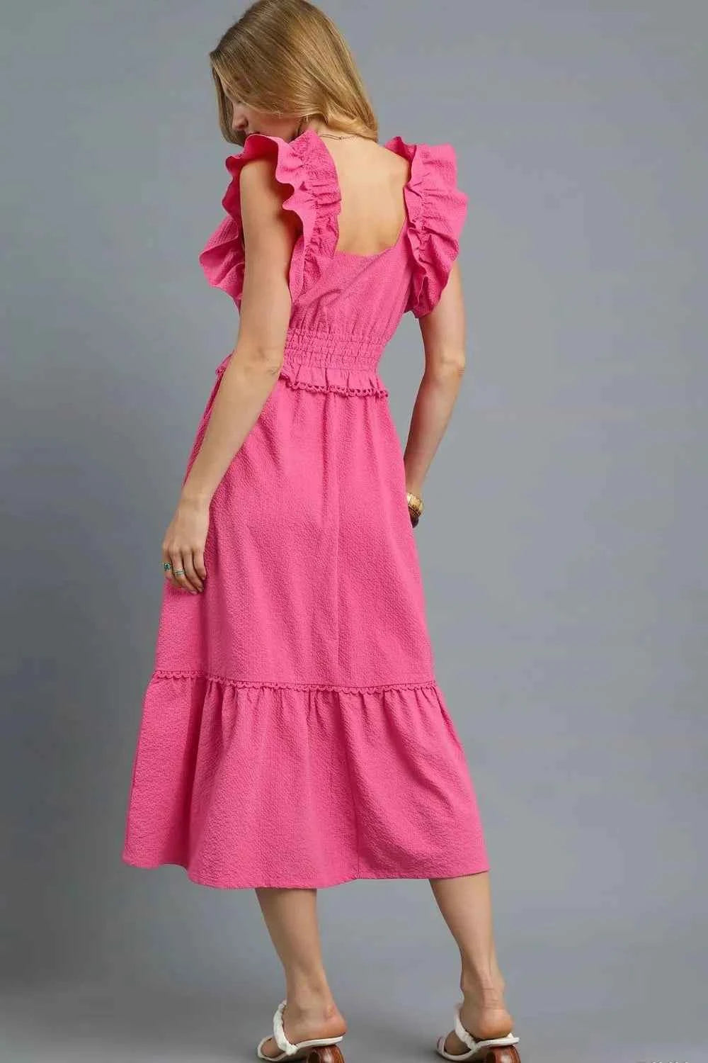 Umgee V-Neck Ruffled Cap Sleeve Midi Dress