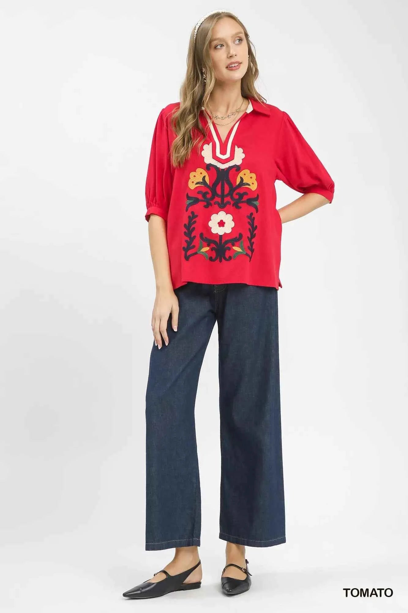 Umgee Mixed Media V-Neck Print Blouse