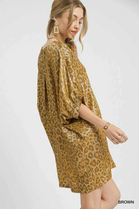 Umgee Metallic Leopard Print V-Neck Kimono Dress