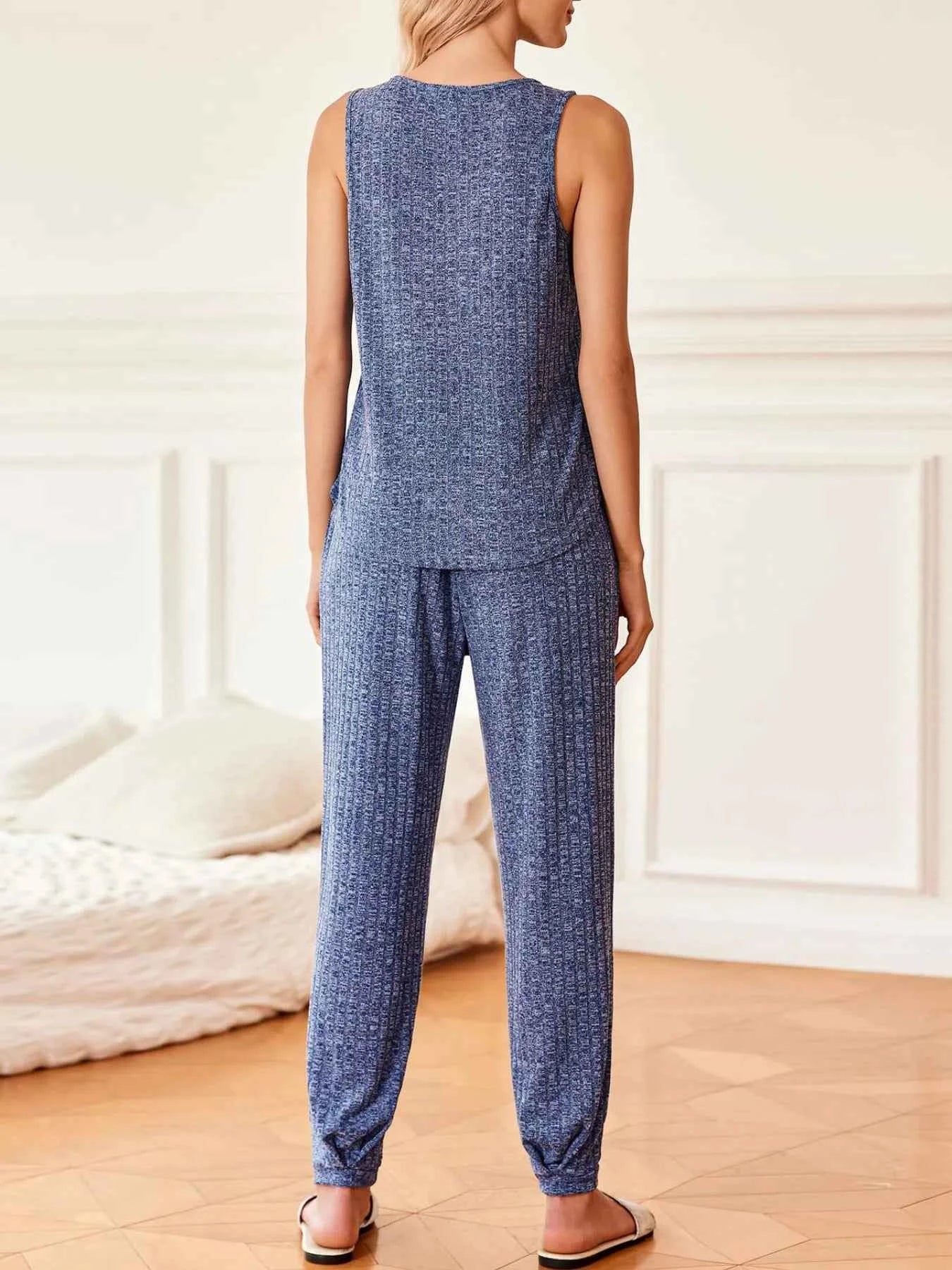 Ribbed Knit V-Neck Tank and Pants Lounge Set