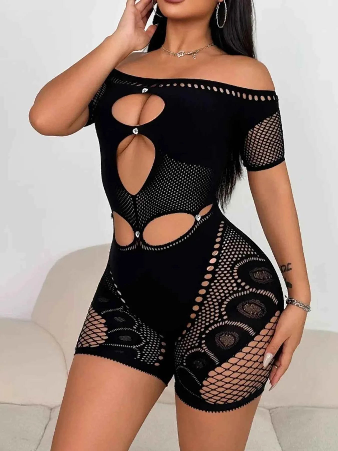 Cutout Off Shoulder Fishing Net Romper