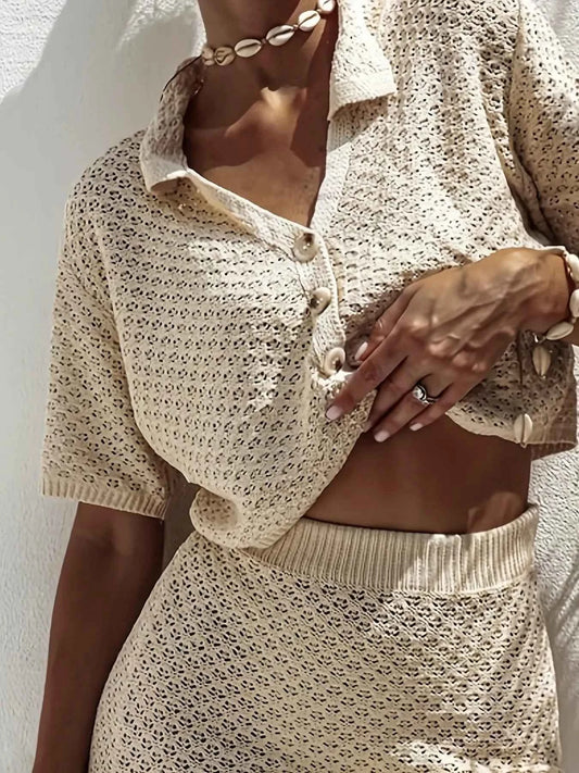 Openwork Button Up Top and Skirt Sweater Set
