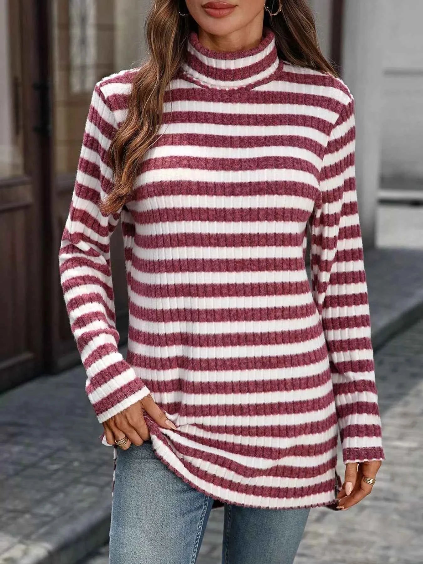 Striped Turtleneck Long Sleeve Knit Top