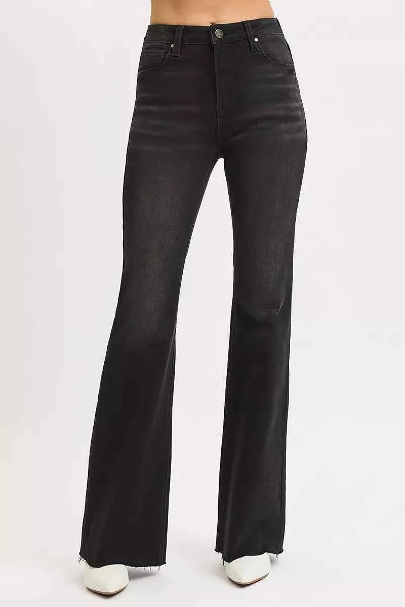 RISEN Full Size High Rise Flare Raw Cut Hem Jeans Plus Size