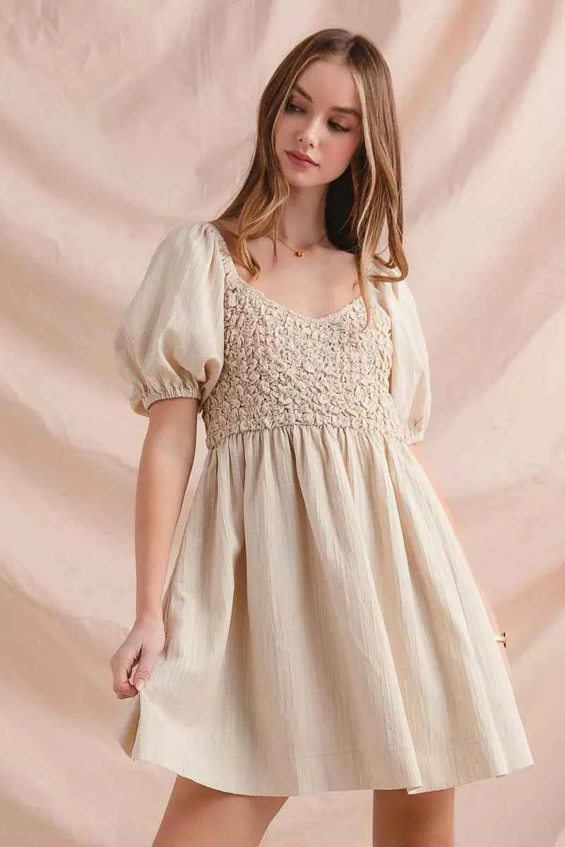 SO ME Textured Woven Daily Dress with Puff Sleeves