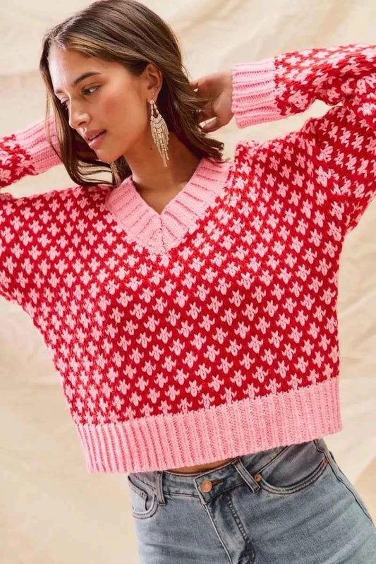 SO ME Color Block Textured Christmas Sweater V Neck Top