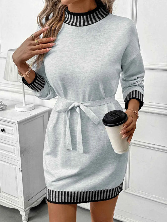Striped Trim Tie Waist Sweater Dress