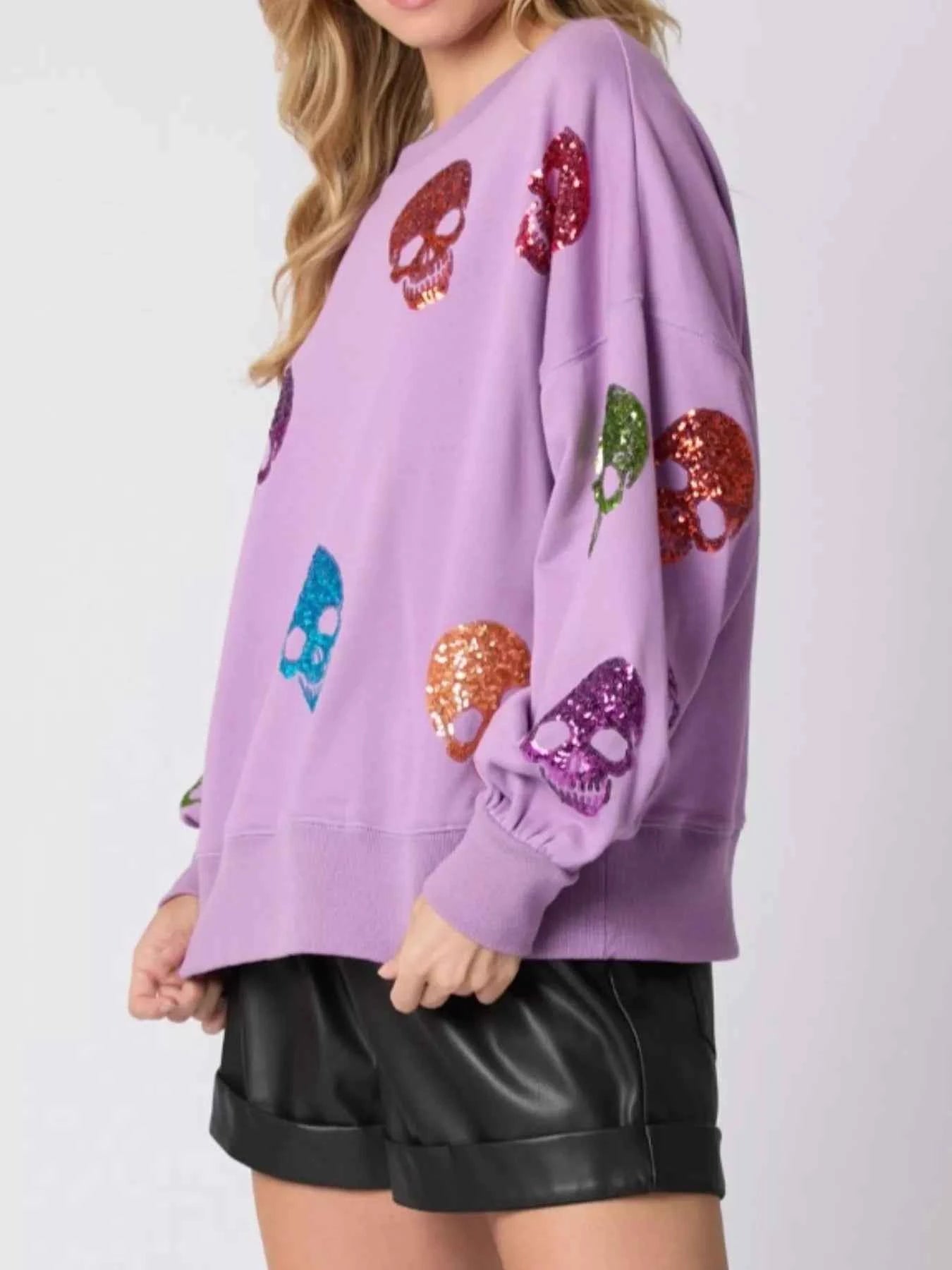 Halloween Colorful Skull Sequin Oversized Sweatshirt