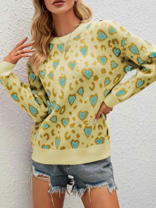 Heart Round Neck Long Sleeve Sweater