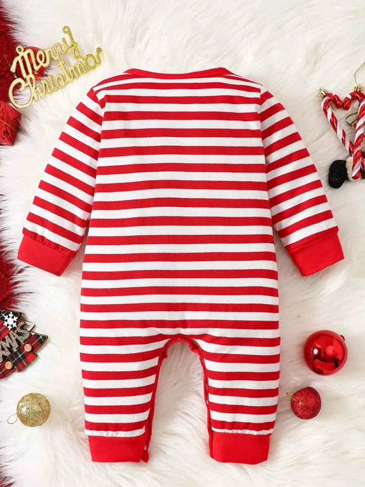 Children's Christmas Santa Striped Snapped Legs Jumpsuit