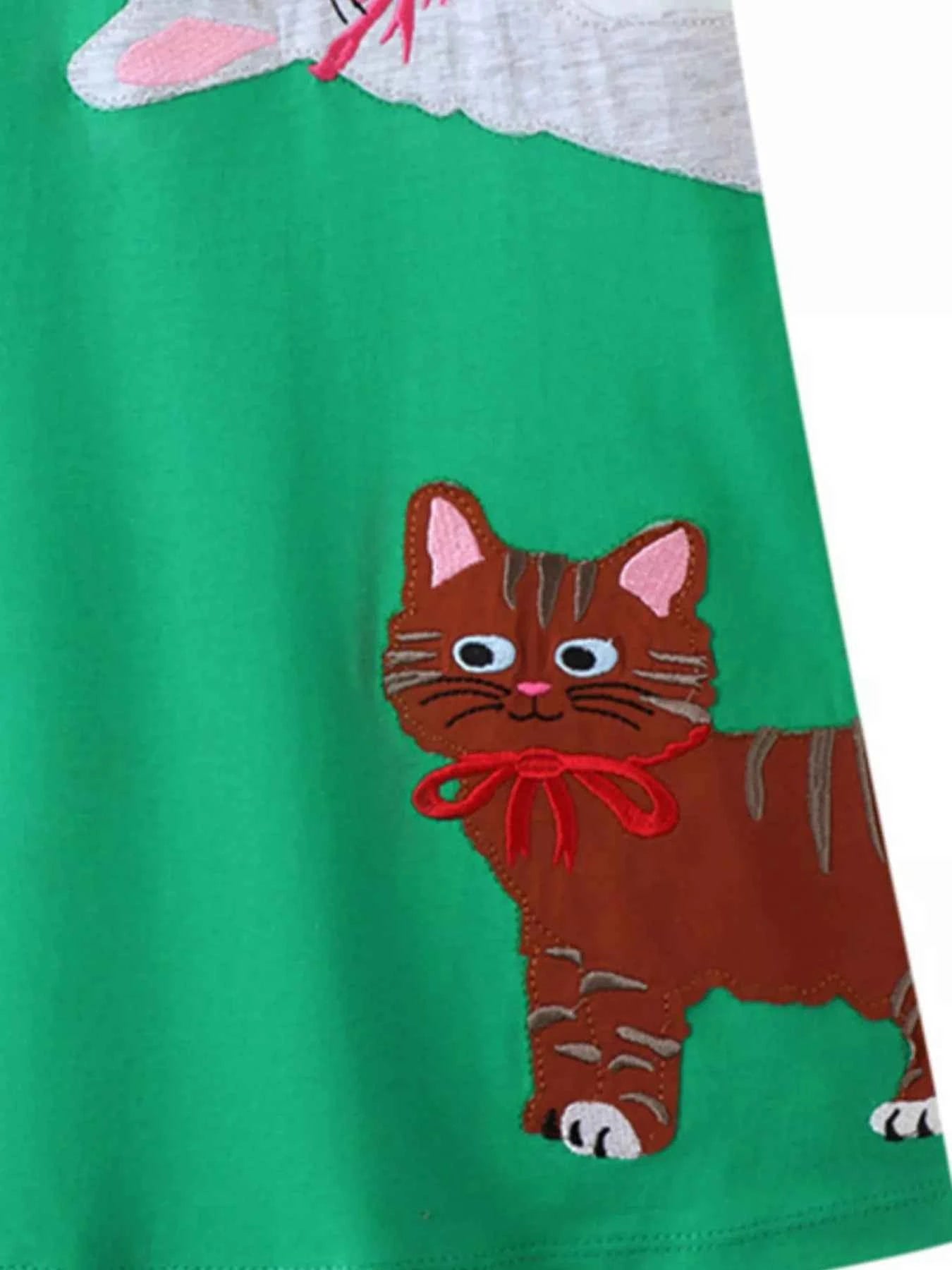 Children's Cute Cartoon Cat Round Neck Dress