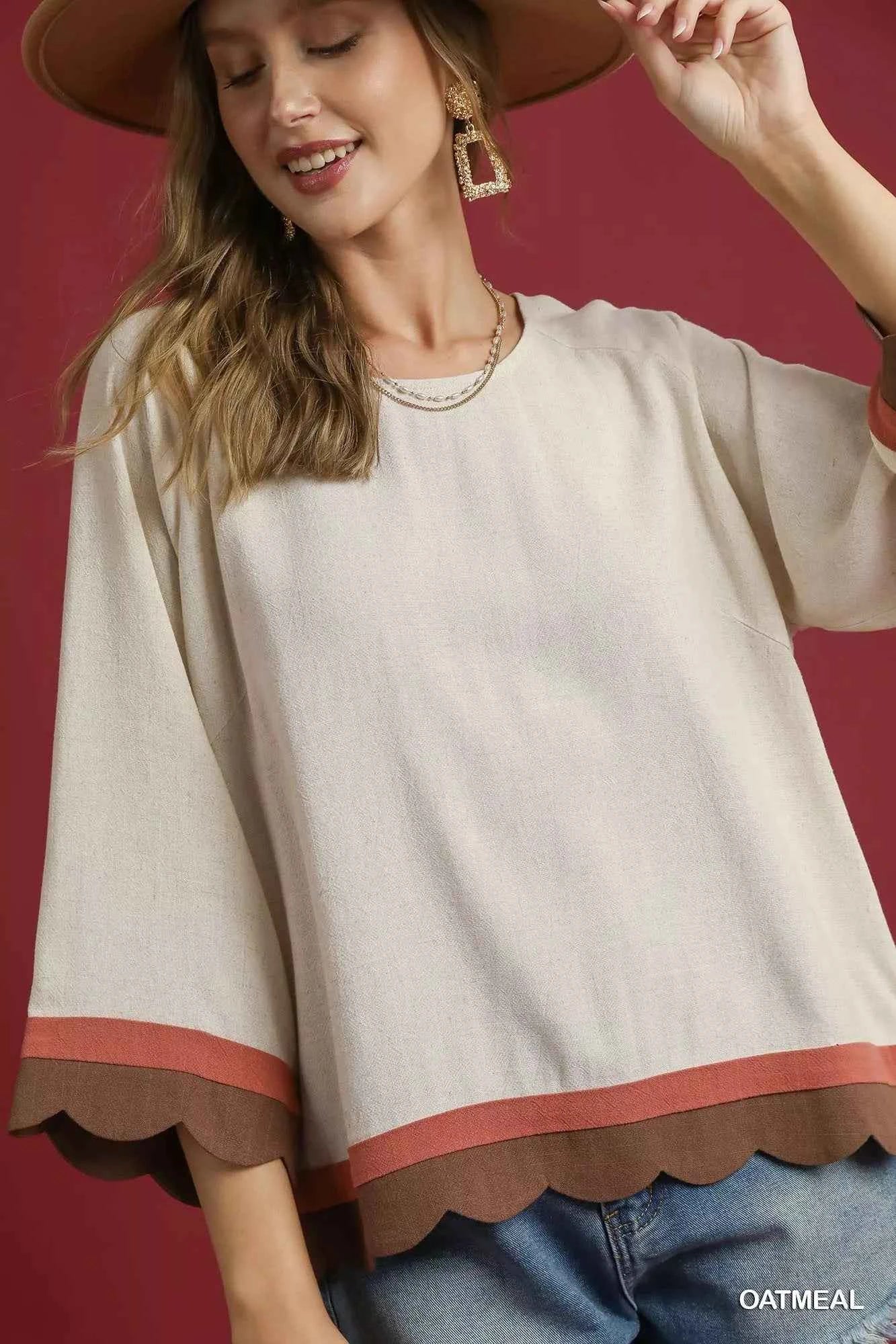 Umgee Scalloped Hem Color Block Top