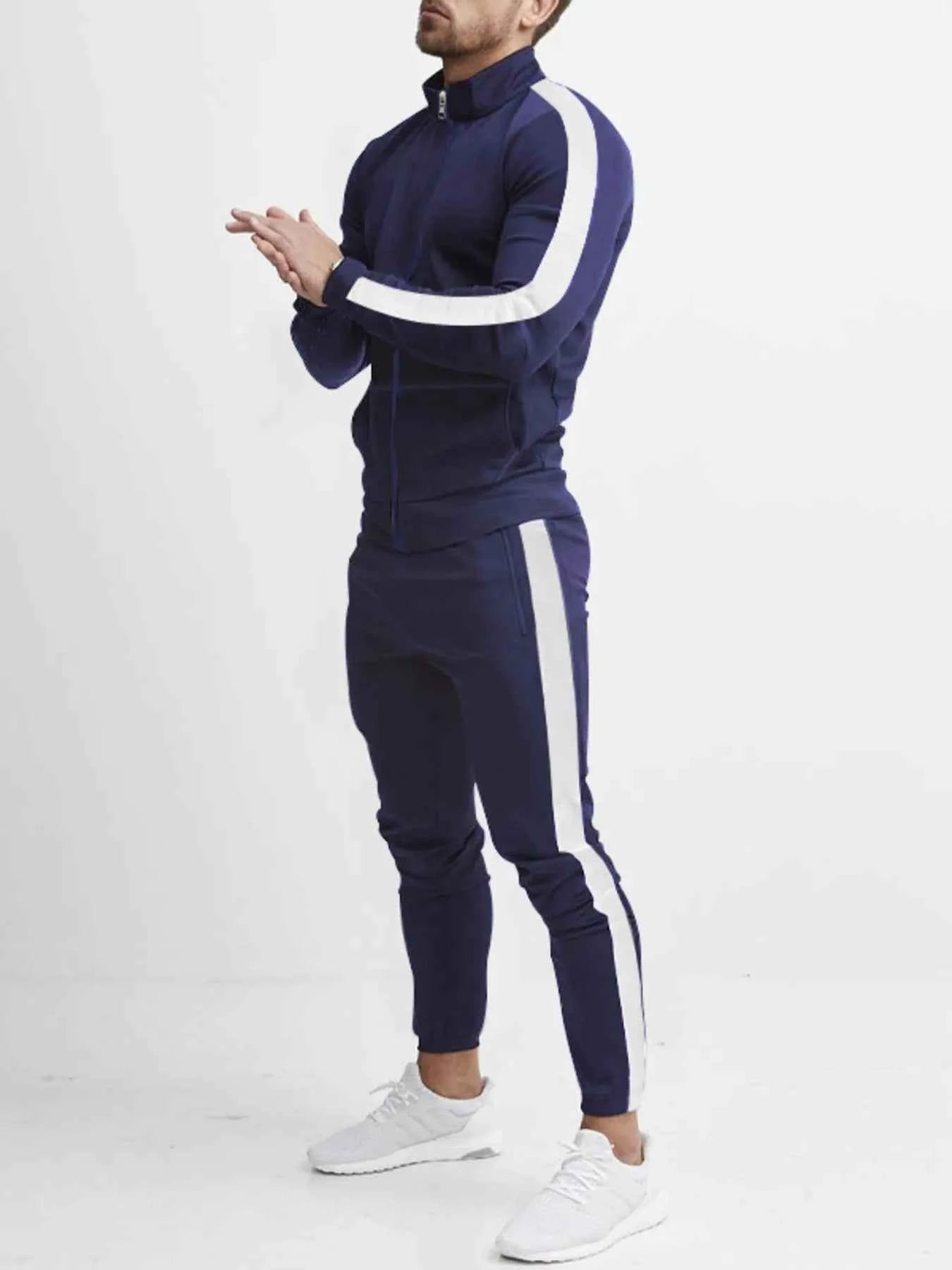 Men's Full Size Side Stripes Zip Up Top and Pants Set Plus Size