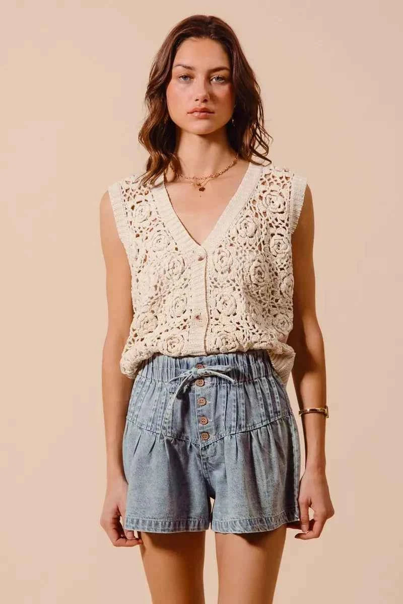SO ME Flared Denim Shorts with Elasticized Waist