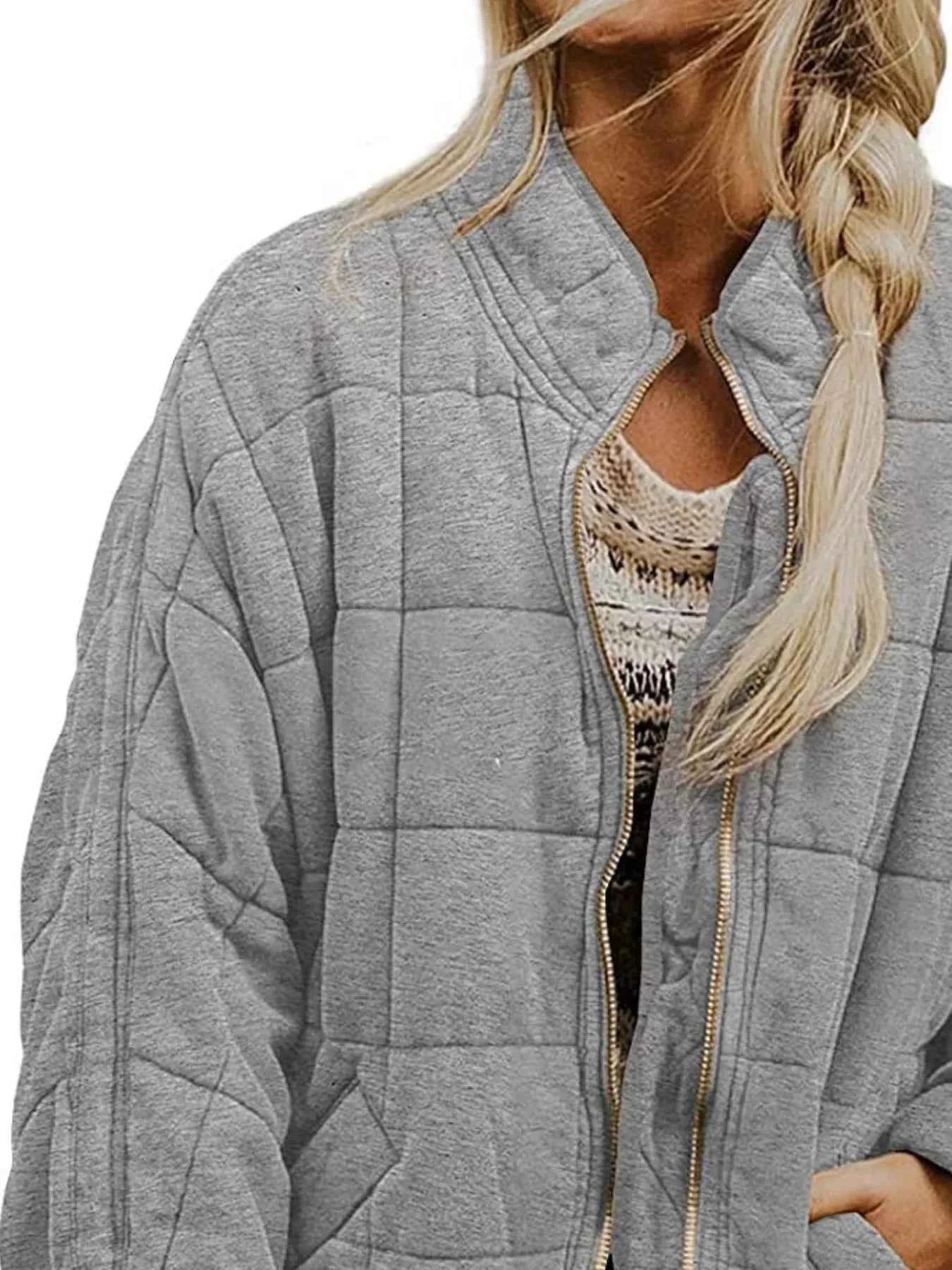 Full Size Zip Up Quilted Bomber Jacket Plus Size