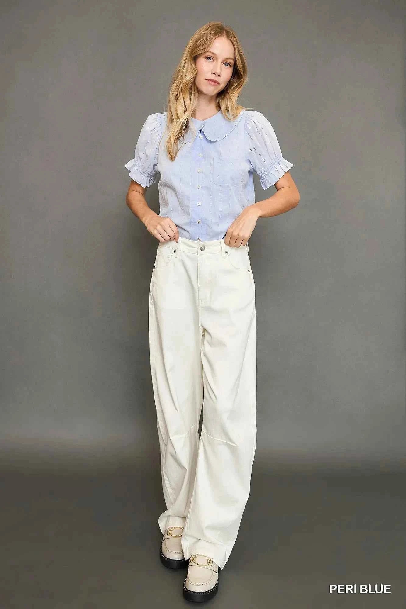 Umgee Peter Pan Collared Button Down Textured Shirt with Ruffled Detail