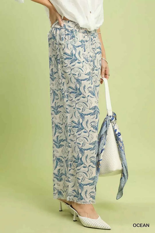 Umgee Linen Printed Wide Leg Raw Hem Pants
