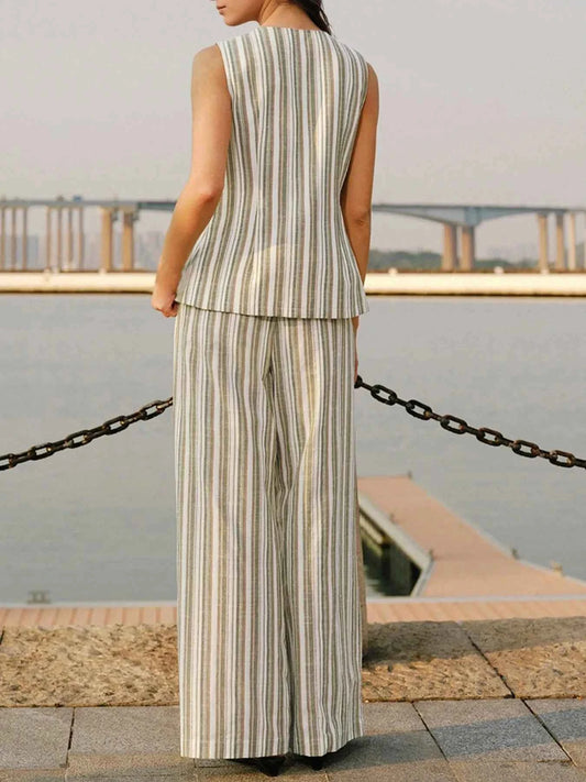 Striped Sleeveless V-Neck Top and Pants Two-Piece Set