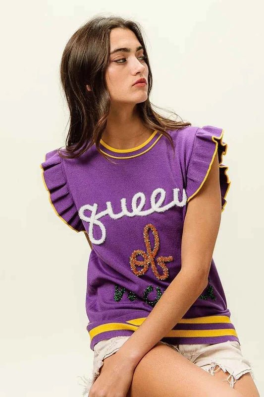 BiBi Queen Of Mardi Ruffled Armhole Sleeveless Knit Top