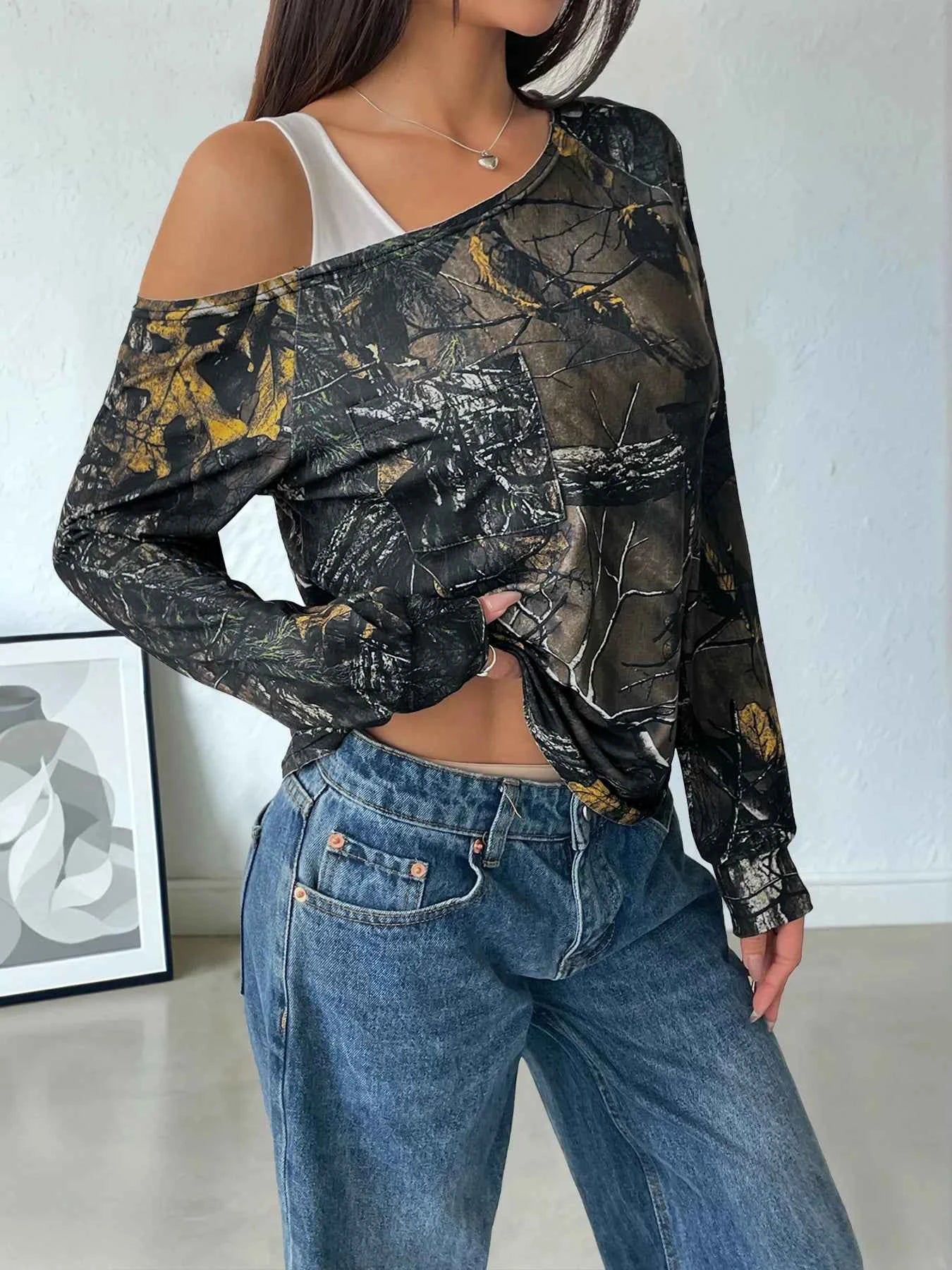Asymmetrical Neck Printed Long Sleeve Top