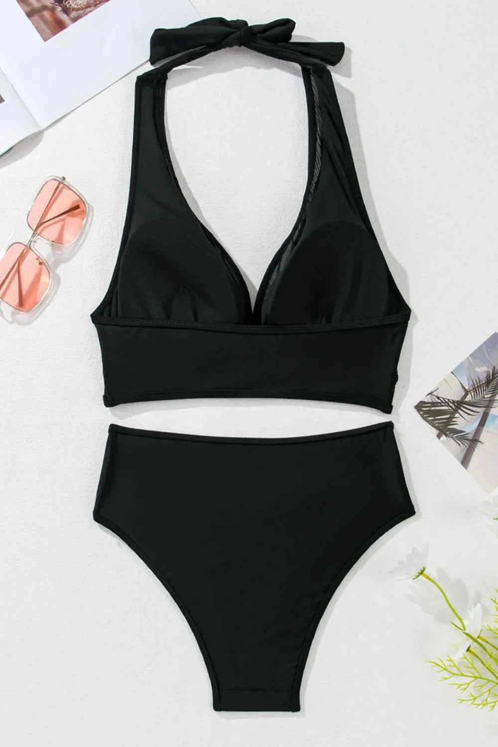 Sheer Mesh Edged Halter V Neck Push Up Bikini Set