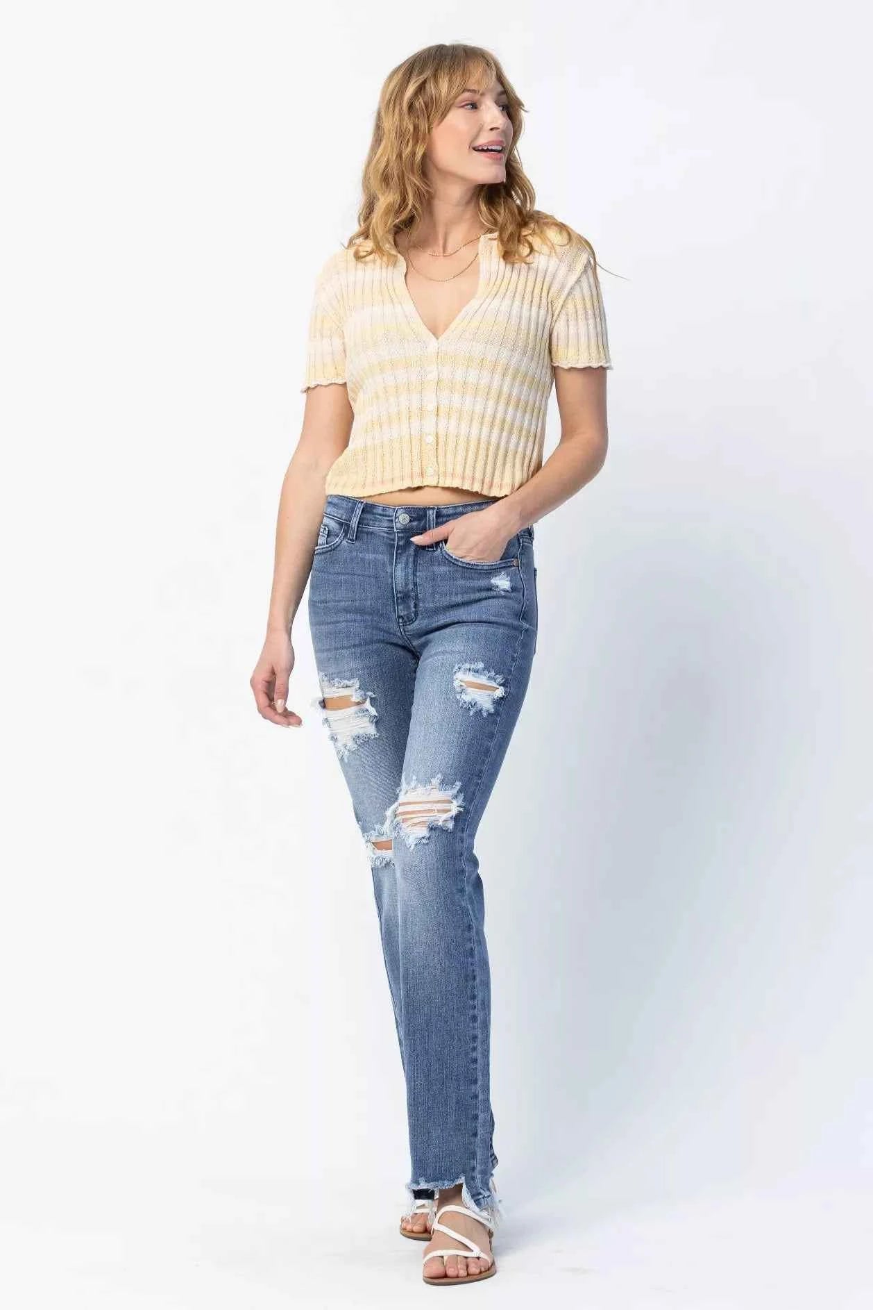 Judy Blue Full Size Mid Rise Destroy Straight Jeans Plus Size