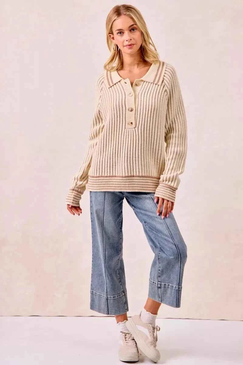 BiBi Half Button Ribbed Two Tone Sweater