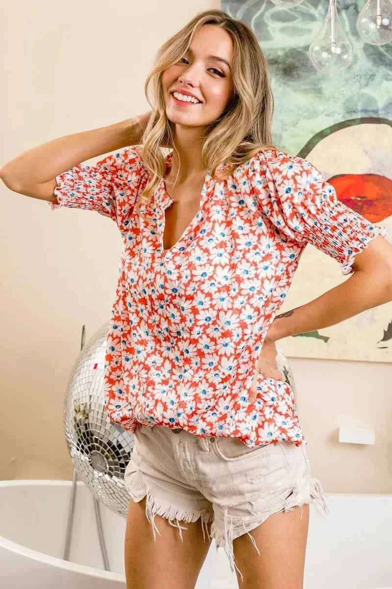 BiBi Floral Jqd Smoked Puff Sleeves V Neck Top