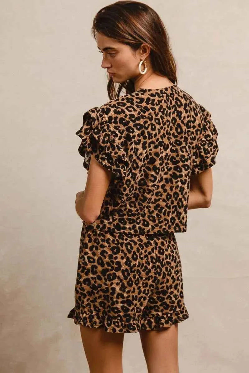 BiBi Leopard Print Waffle Texture Layered Ruffle Sleeve Top and Shorts Set