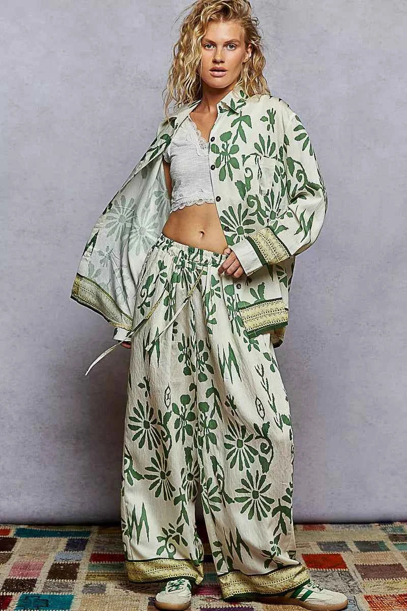 POL Floral Printed Woven Wide Leg Drawstring Pants