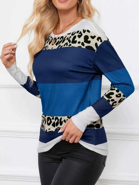 Leopard Color Block Striped Knit Top