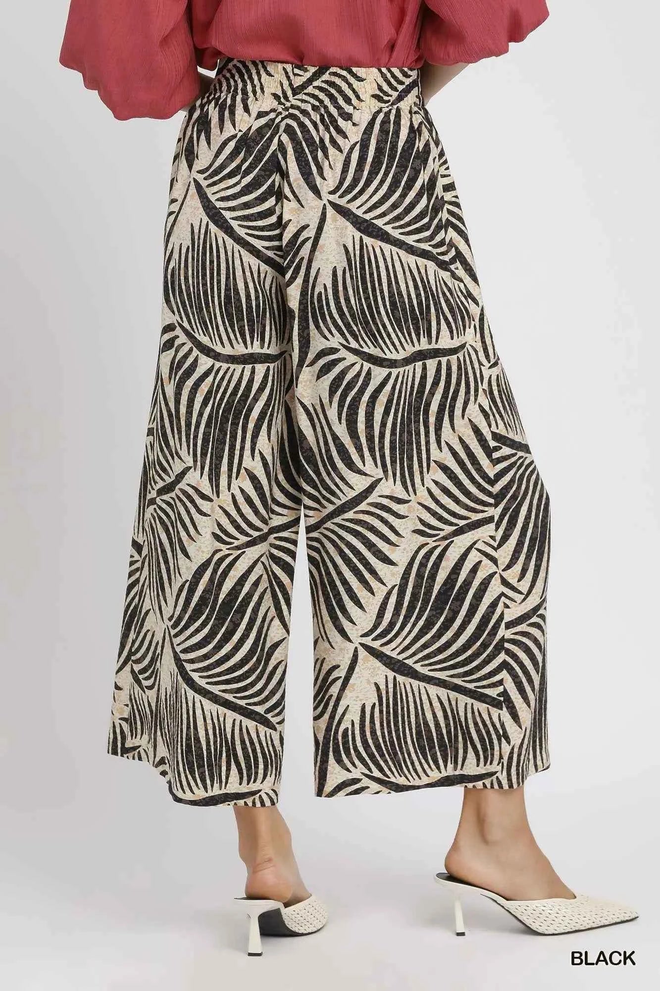 Umgee Palm Leaf Print Wide Leg Culotte Pants