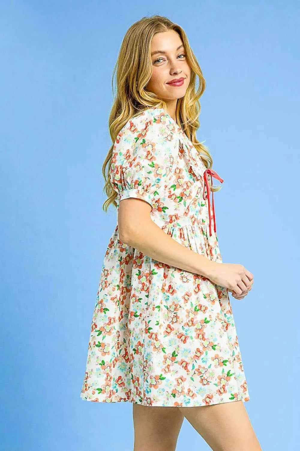 Umgee Floral Print Puff Sleeve Tie Front Mini Dress