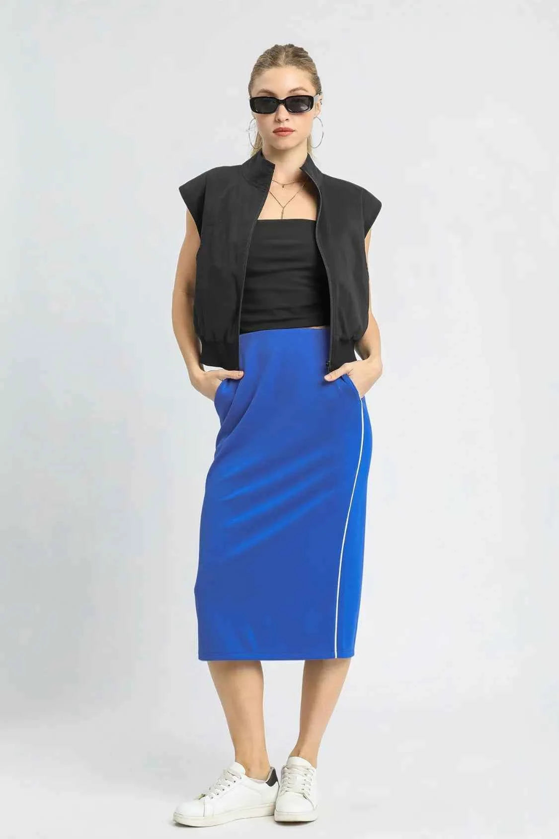 Umgee Midi Pencil Skirt with Contrast Piping Detail